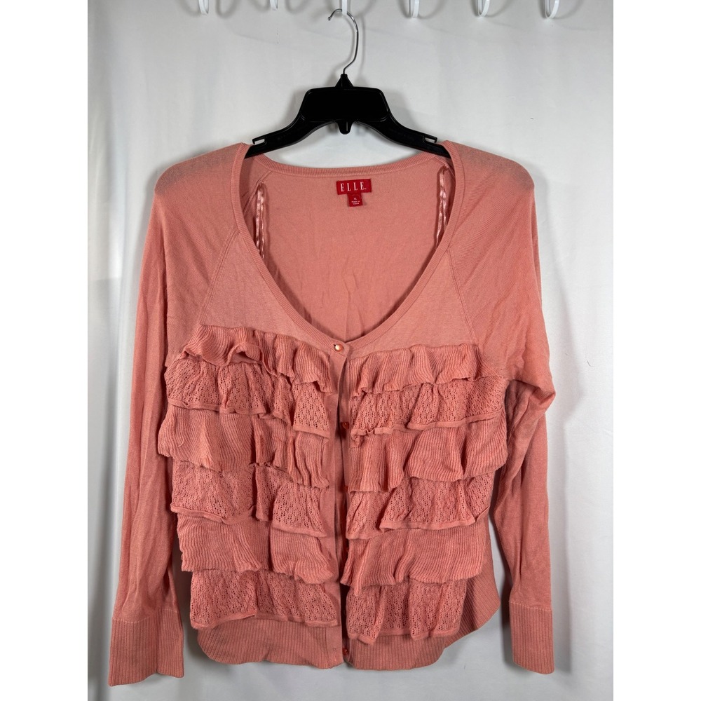 Elle Womens XL Coral Pink Ruffle Front V-Neck Button Down Cardigan Sweater